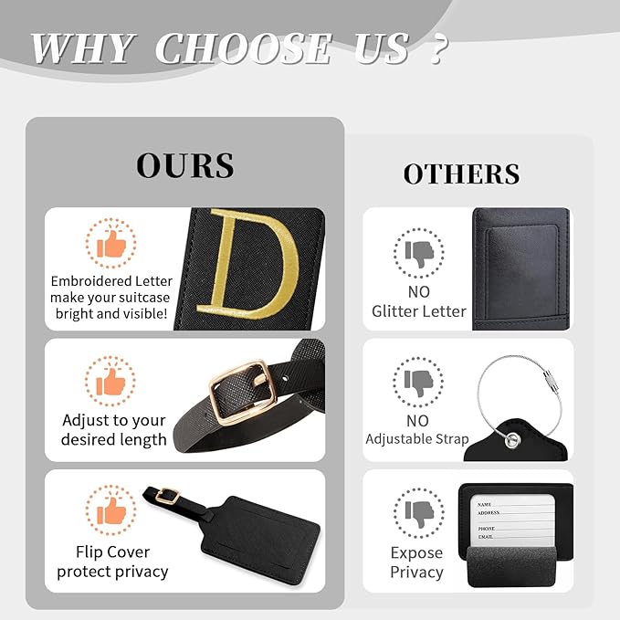 Personalized Initial Luggage Tags for Suitcase TSA Approved, Black Leather Cute Luggage Tag with Privacy Cover Name Card, Embroidered Custom Luggage Tags Travel Backpack Tags Gifts for Women Kids(D)