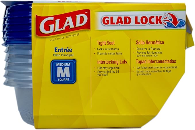 Glad GladWare Entrée Food Storage Containers, Medium Square - Meal Container Holds up to 25 Ounces of Food - Lock Tight Seal, 5 Count - 2 Pack