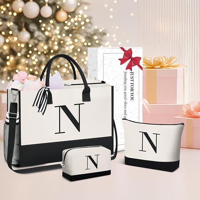 BAGAIL Initial Tote Bag, Personalized Birthday Gifts for Women, Teacher, Friends, Mom, Wedding, Monogrammed Beach Bag