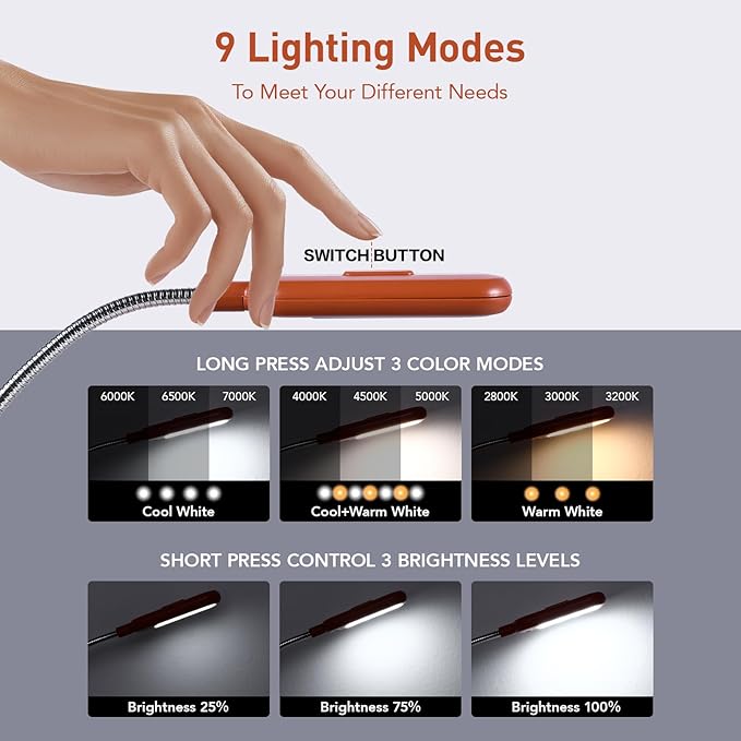 VAVOFO Rechargeable Book Light for Reading in Bed Kids, 7 LED Reading Light with 9-Level Warm Cool White Daylight, Eye Care Lamp with Power Indicator for Bookworms (Mocha Brown)