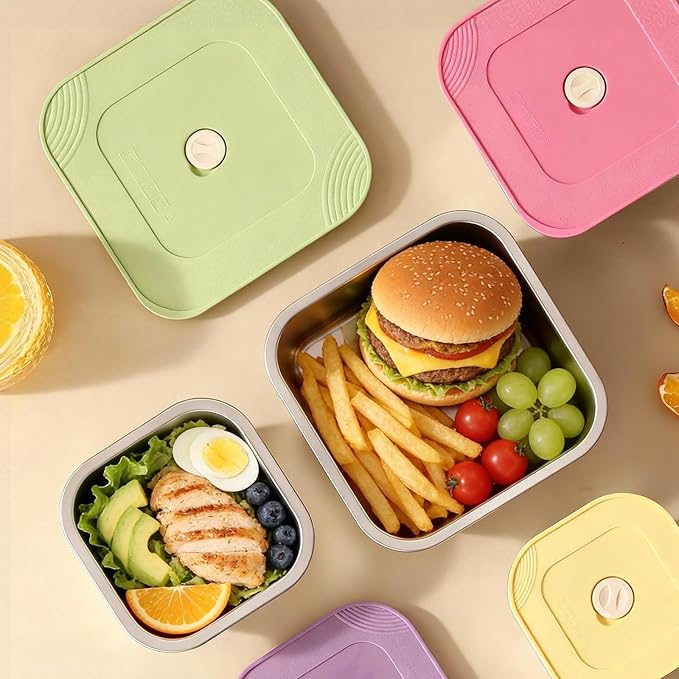 4-Piece Stainless Steel Snack & Lunch Box with Lids Set, Stackable Metal Food Storage Containers with Lids, Airtight Leakproof Lunch Containers , Dishwasher Safe Bento Box(Size 4.5", 5.5", 6.3", 7")