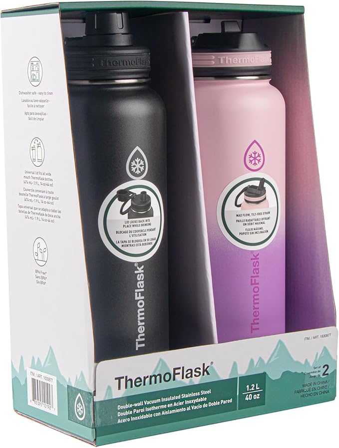 Thermoflask 40 oz Stainless Steel Insulated Water Bottles with Straw and Spout Lids, 2-pack, Black/Rose Purple