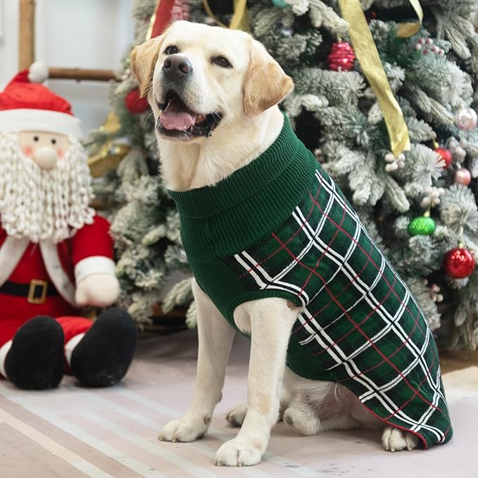 PUPTECK Dog Sweaters for Large Medium Small Dogs - Fall Classic Plaid Style Puppy Holiday Winter Coat Clothes Warm, Green, M