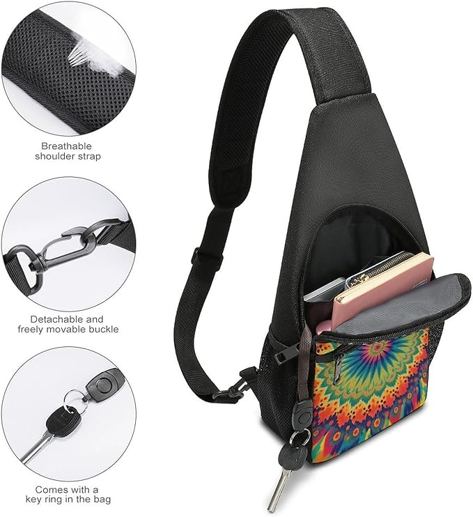SWEET TANG Men and Women Sling Bag Chest Daypack, Trippy Tie Dye Mandala Colorful Shoulder Backpack Crossbody for Hiking Camping Running, Casual and Large Capacity Anti Theft Rucksack