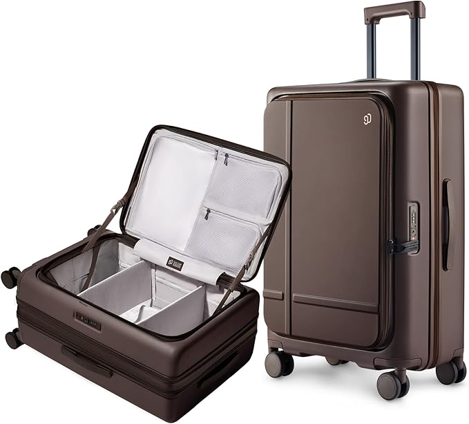 NINETYGO Medium Checked Luggage 25 Inch, Flat Top Opening Checking In Luggage with Cup Holder, Expandable, Coffee-Infused PC Hard Shell, Eco-Friendly, TSA Lock, 360° Spinner Wheels (Americaco)