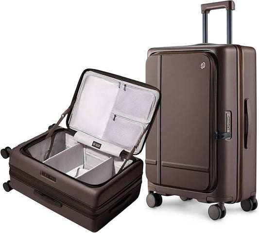 NINETYGO Medium Checked Luggage 25 Inch, Flat Top Opening Checking In Luggage with Cup Holder, Expandable, Coffee-Infused PC Hard Shell, Eco-Friendly, TSA Lock, 360° Spinner Wheels (Americaco)