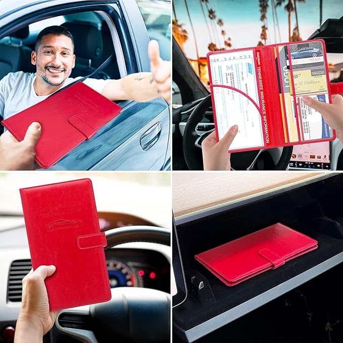 RSAquar Car Registration and Insurance Holder, Leather Car Glove Box Organizer, Cool Car Accessories for ID, Driver's License Cards & Essential Document, Men&Women, Red