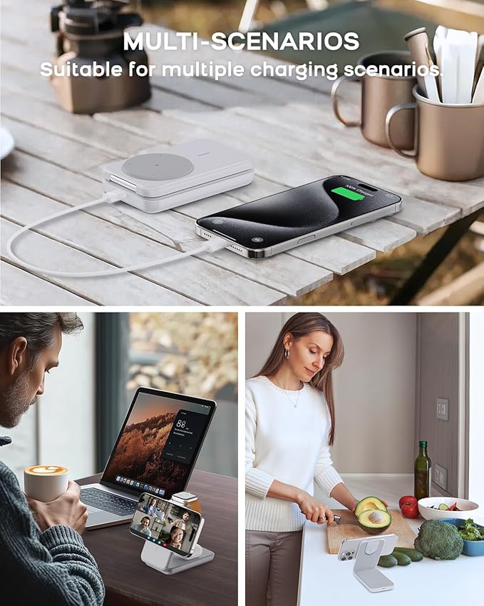 RORRY Portable Charger, 3-in-1 Charging Station 10000mAh Portable Charger Power Bank for MagSafe Foldable Battery Pack Travel for iPhone 17/16/15/14/13/12, for Apple Watch 11/10/9/8/7/Ultra/3/2, White