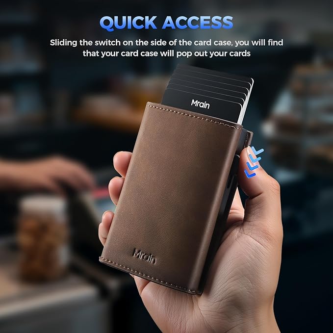 Mrain Mens Slim Minimalist Wallet Card Holder with Coin Pocket, Cash Slot, Magnetic Closure, Pop Up Aluminum Case, ID Window, Leather Wallet, RFID Blocking, 9-13 Card Capacity, Crazy Horse Brown