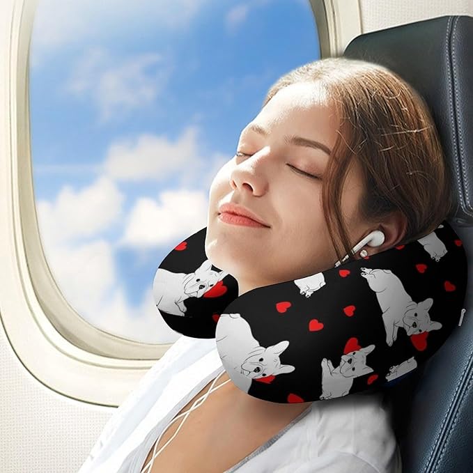 Breathable Memory Foam Travel Pillow U Shaped Chin Head Support Love Heart Funny French Bulldog Puppy Dog, Removable Washable Cover for Airplane Car Office Pain Relief