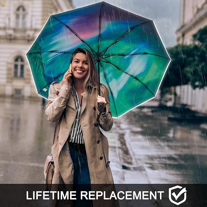 G4Free 42 Inch Eco Windproof Folding Umbrella for Rain & Sun 9 Ribs Wind Resistant Strong Fiberglass Double Canopy with Reflective Strip for Women Men Auto Open Close For Car & Backpack