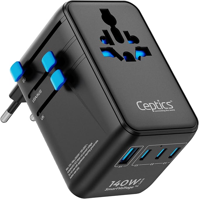 Ceptics 6 in 1 International Power Adapter with PD 140W USB-C, 1x USB-A, 3X Type C, Universal Input and 1x USA/JP Input with Type A, C, G, I Plug outlets for Global Travel – CE & RoHS Certified