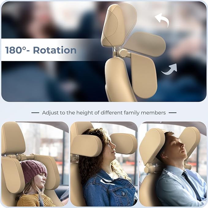 Yoocaa Adjustable Car Headrest Pillow, Road Pal Headrest, U-Shaped Travel Sleeping Pillow for Kids & Adults, Head Neck Support Only Suitable for Car Seat Headrest with Poles, Khaki