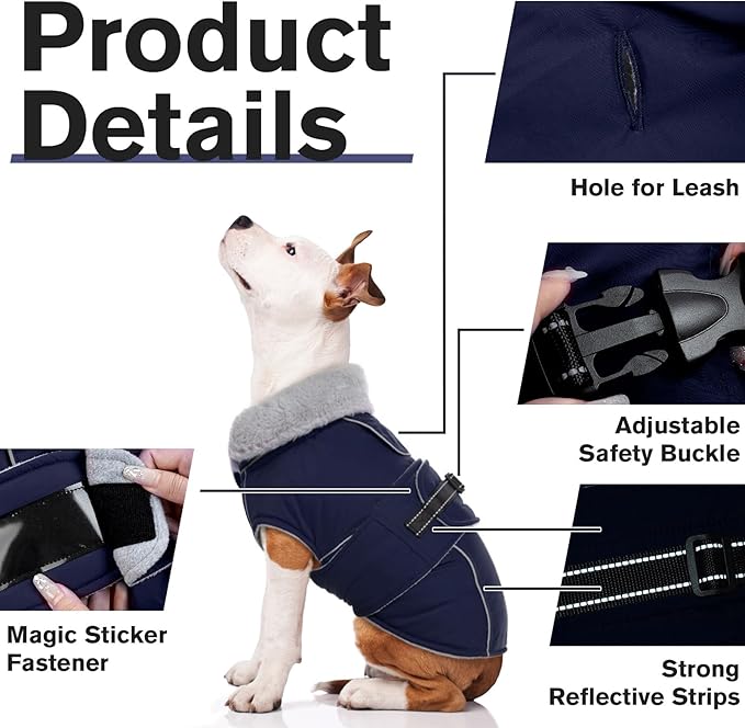 Lelepet Warm Dog Coat Waterproof Dog Jacket for Medium Dogs Reflective Fleece Vest with Adjustable Buckle Hook & Loop Windproof Cold Weather Coats for Small Medium Large Dogs, Navy Blue, M