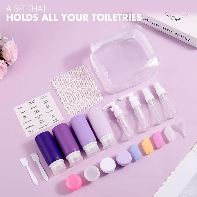 Muslish 21 Pack Travel Bottles for Toiletries, Leak-Proof TSA Compliant Silicone Travel Size Containers for Shampoo and Conditioner, BPA Free with Toiletry Bag (Purple)