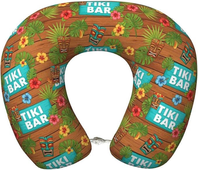 Memory Foam Airplane Pillow Summer Tiki Bar for Car Chin Head Neck Supporting, U Shape Pillows Travel Cushion for Office, Nap Sleeping