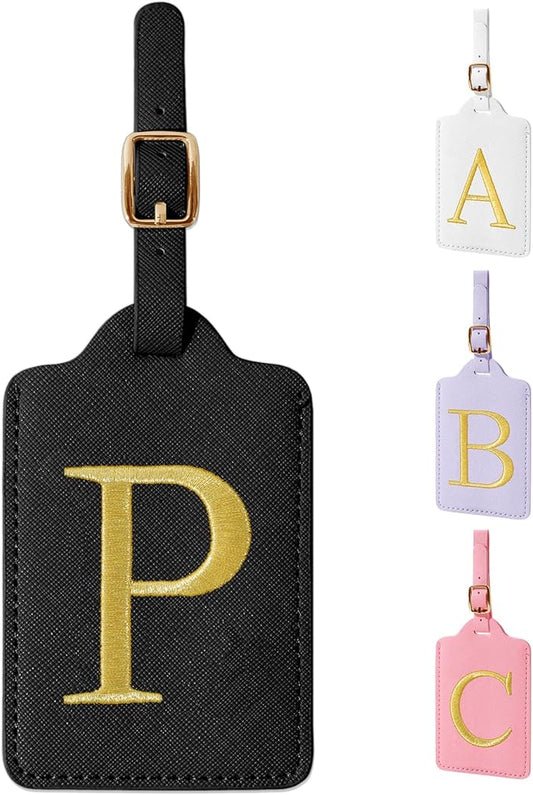 Personalized Initial Luggage Tags for Suitcase TSA Approved, Black Leather Cute Luggage Tag with Privacy Cover Name Card, Embroidered Custom Luggage Tags Travel Backpack Tags Gifts for Women Kids(P)