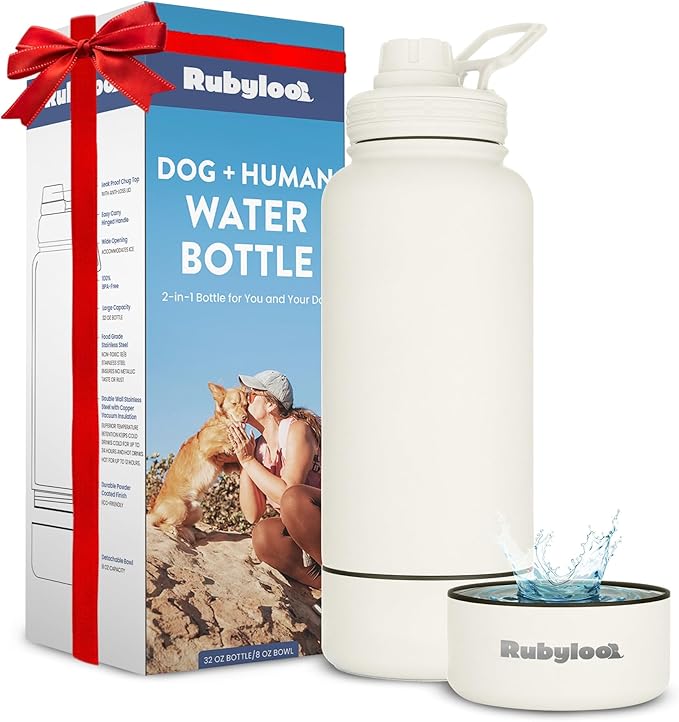 Dog Water Bottle for Dog Lovers - 32 oz Stainless Steel Double Wall Insulated Water Bottle with 8 oz Detachable Bowl on Bottom- Ideal Gift for Doggy Lovers for Christmas - Cream