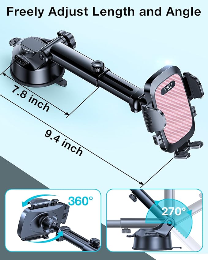 YRU True Military-Grade [360° Rotation Suction] 2025 Ultimate Car Phone Holder Mount 【90+LBS Safest Strongest & Patent Certs】 Dashboard Windshield Vent for iPhone 17 16 Pro Max Samsung, Pale Pink