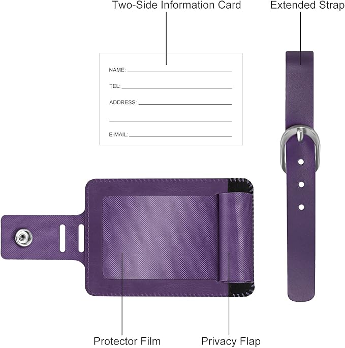 FINTIE 2 Pack Luggage Tags, Leather Name ID Labels with Privacy Cover for Travel Bag Suitcase, Theme - Genuine Leather-Purple