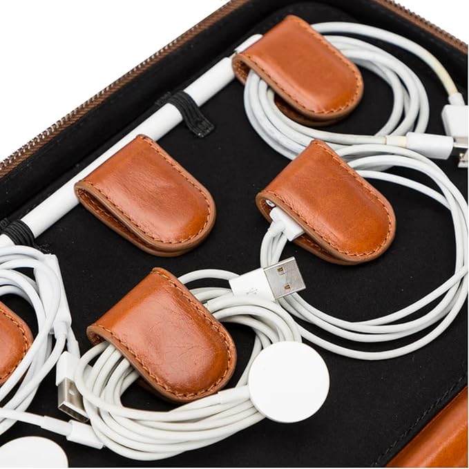Medicine Handmade Leather Cable Organizer Bag – Full-Grain Leather Travel Tech Case for Cords, Chargers & Accessories – Zippered Storage for Men & Women (Tan)