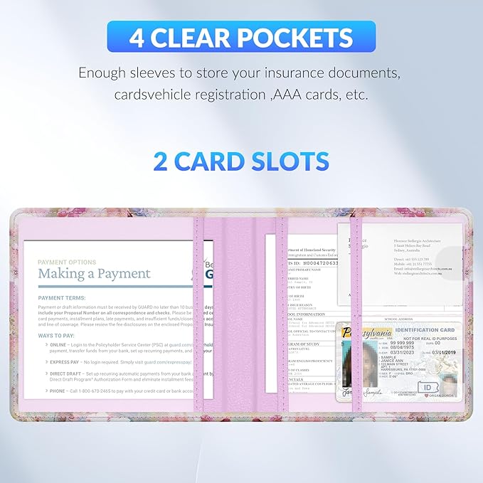 Car Registration and Insurance Card Holder，Vehicle Glove Box Car Organizer，Accessories Case for Storing Driving Licences, Cards, Documents,Pink flower