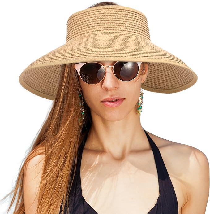 Beach Sun Hats for Women Wide Brim Straw Foldable Beach Hat UV Protection