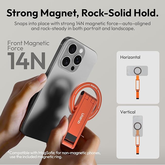 ULANZI MA60 Magnetic Phone Tripod Stand for iPhone - Aluminium Smartphone Mini Tripod Pocket Cell Phone Stand Strong Magnet Quick Mount Compatible with iPhone 16 15 14 13 15 Series, Orange