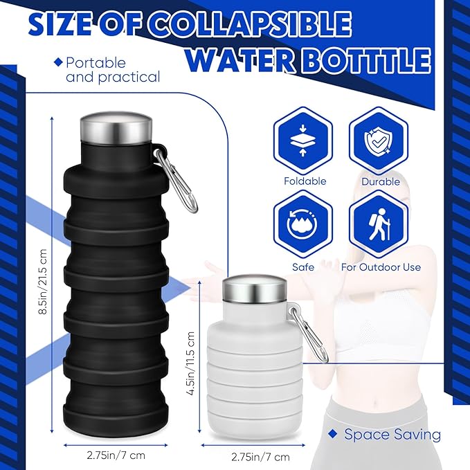 Baderke 2 Pcs Collapsible Water Bottles 17oz Silicone Travel Foldable Portable Water Bottle with Buckle Silicone Lightweight Reusable Leakproof for Camping Hiking Cycling Sport(Black, Gray White)