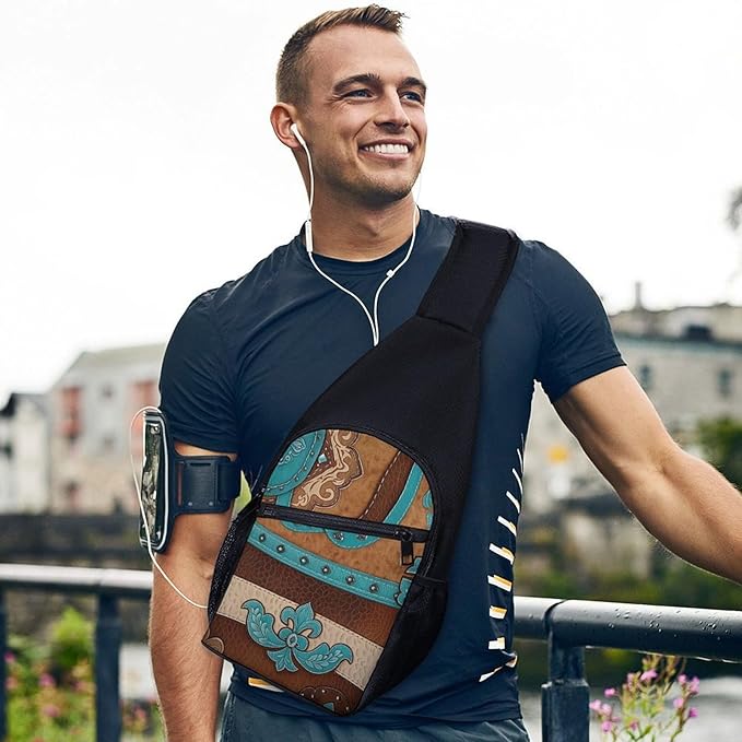 SWEET TANG Cute Sling Shoulder Backpacks Rustic Brown Teal Western Country Tooled Leather Bags Chest Sack, Anti Theft Crossbody Rucksack for Hiking Traveling Sports, Daypacks for Men Women