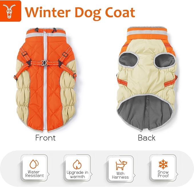 Abuandi Dog Winter Coat with Harness, Dog Jacket, Pet Clothes with Zipper on Back, Waterproof Windproof Warm Vest, Reflective Cold Weather Coats, for Small Medium Large Dogs, Thick, Orange, 3XL