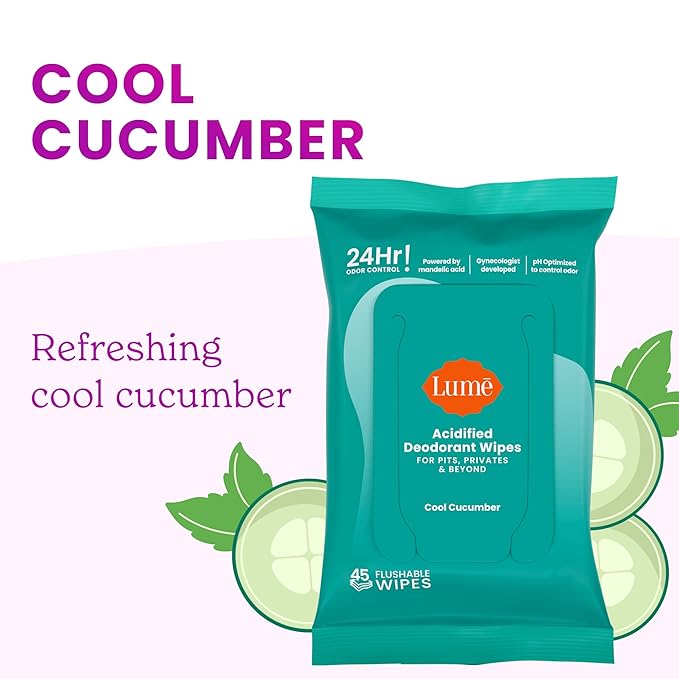 Lume Acidified Deodorant Wipes - 24 Hour Odor Control - Aluminum Free, Baking Soda Free, Skin Loving - 45 Count (Pack of 3) (Cool Cucumber)