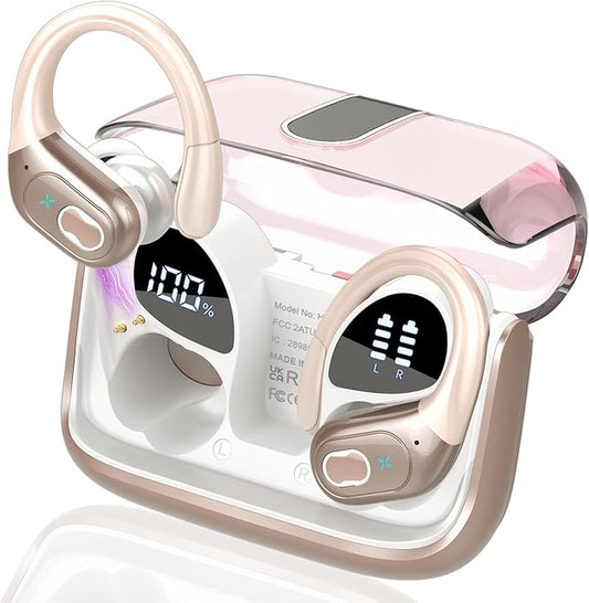 Wireless Earbuds 75hrs Bluetooth 5.4 Headphone Sport, 2025 Bluetooth Earbuds Stereo Deep Bass Over Ear Bud with Earhooks, ENC Noise Cancelling Mic, IPX7 Waterproof Earphone Rose Gold