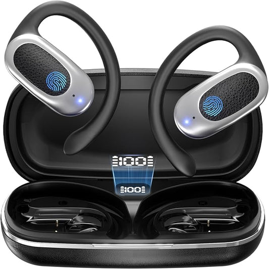 Open Ear Wireless Headphones Air Conduction Earbuds with Mic 42H Playtime Clear Calls LED Digital Display Over Earphones Lightweight Waterproof Secure Earhooks for PC Sports Running Game Business Work