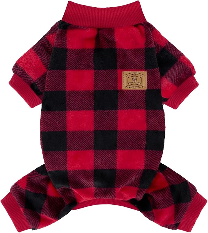 XPUDAC Dog Christmas Sweater Plaid Dog Pajamas for Small Medium Dogs Girl Boy Fleece Puppy Clothes Outfit for Winter, S