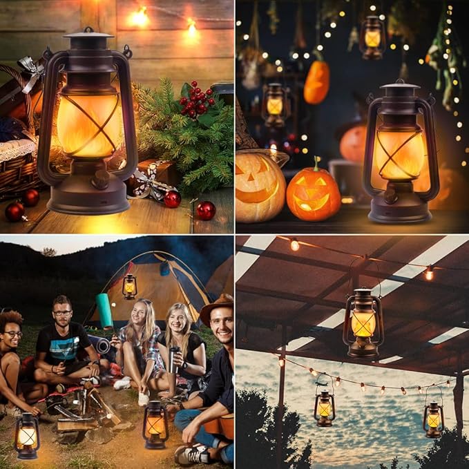 Lantern LED Battery Powered Camping Lamp Outdoor Hanging Rechargeable Lantern Flickering Flame Retro Lanterns Remote Control 4 Modes Light Non-Solar 2 Pack