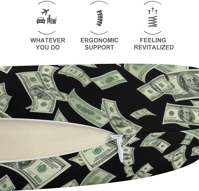 Unisex Travel Neck Pillow Memory Foam U Shaped Cushion Money American Bill Dollars, Washable Cover for Men Women Airplane Car Home Rest