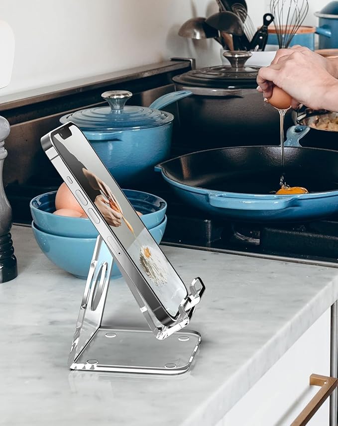 TOPGO 2 Pack Acrylic Cell Phone Stand, Clear Phone Holder for Office Desk, Vanity, Kitchen Counter, Bedside Table, Compatible with iPhone 17 16 15 14 13 12 Pro Max Plus/Smartphones/iPad/Switch/Kindl