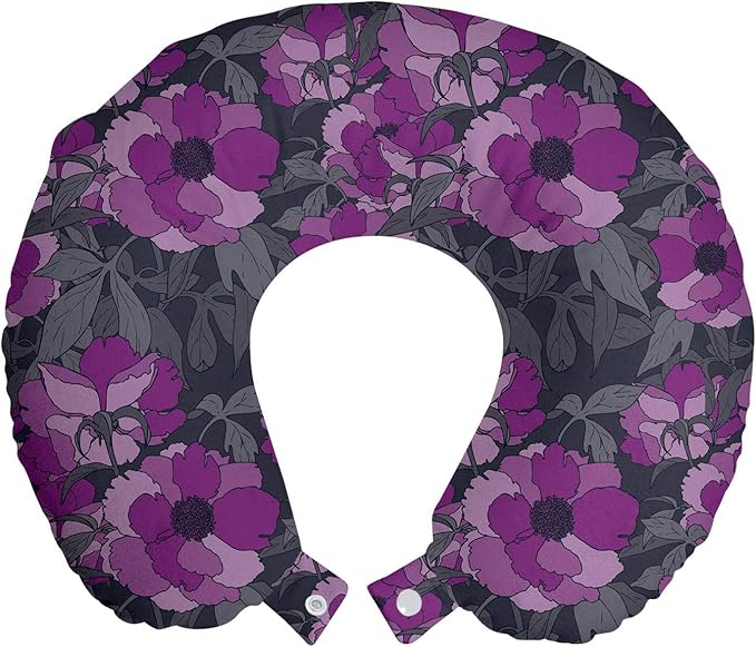 Ambesonne Floral Travel Pillow Neck Rest, Violet Tones Grungy Look Flower Print Wild Rose, Memory Foam Traveling Accessory for Airplane and Car, 12", Purple Multicolor