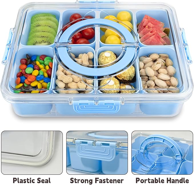 Divided Serving Tray with Lid and Handle,8 Compartments Snacks Box,Snack Fruit Veggie Tray,Portable Platter for Candy Fruits Nuts Snack Party Entertaining Picnic (Blue)