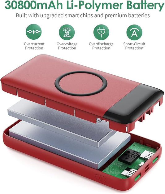Wireless Portable Charger 30,800mAh 15W Wireless Charging 25W PD QC4.0 Fast Charging Smart LED Display USB-C Power Bank,4 Output& 2 Input External Battery Pack Compatible with iPhone,Samsung etc-Red