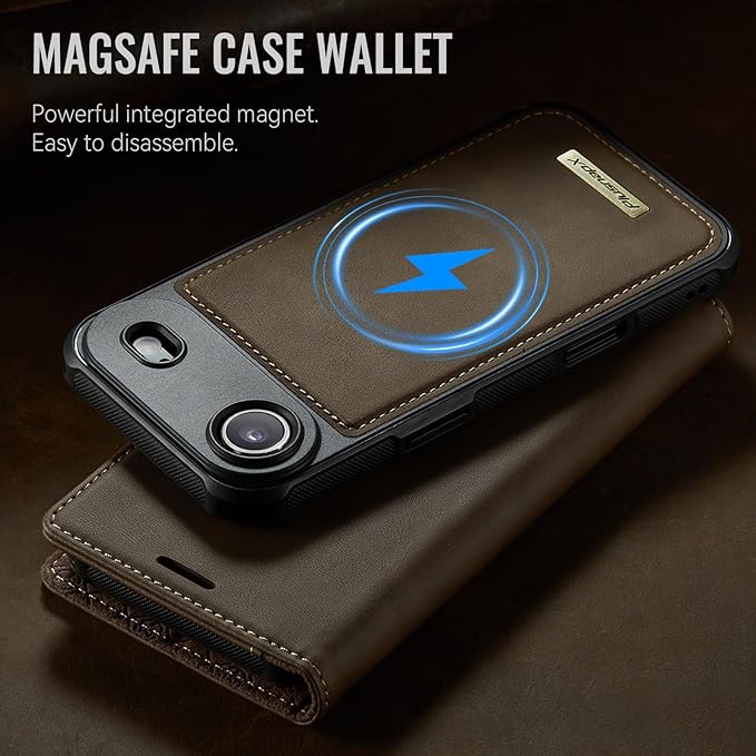 PlusnapX Wallet Case for iPhone Air Compatible with Magsafe, 2-in-1 PU Leather Flip RFID Blocking Card Holder Stand ShockAirof Magnetic Detachable Cover for iPhone 17 Air Case 6.5", Brown