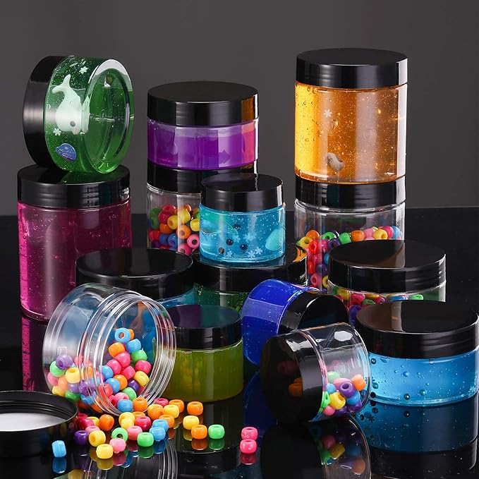 SATINIOR 12 Pack 2 oz Plastic Container Jars with Lids Round Clear Travel Cosmetic Container Slime Jars for Toiletries, Lotion, Cream, Ointments, Makeup, Rhinestone, Samples, Kitchen Storage(Black)