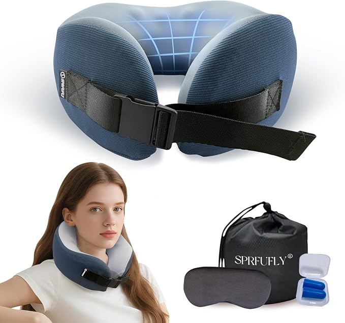 Travel Pillow/Neck Brace, Airplane Pillow with Sleep Mask and Ear Plugs, Breathable Removable Cover & Ergonomic Design - Essentials Travel Neck Pillow for Airplane, Car, Office & Home Use (Blue)