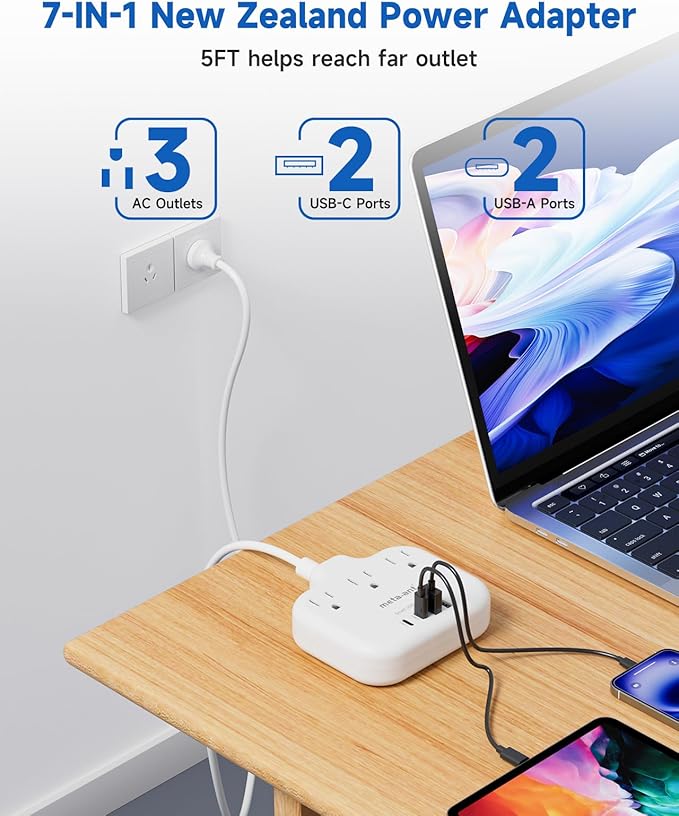 Australia New Zealand Power Adapter USB C, meta-ant Australia Travel Adaptor with 3 American Outlets 4 USB Charger(2 USB-C), 5FT Extension Cord, Type I Plug Adapter for US to AU China Argentina Fiji