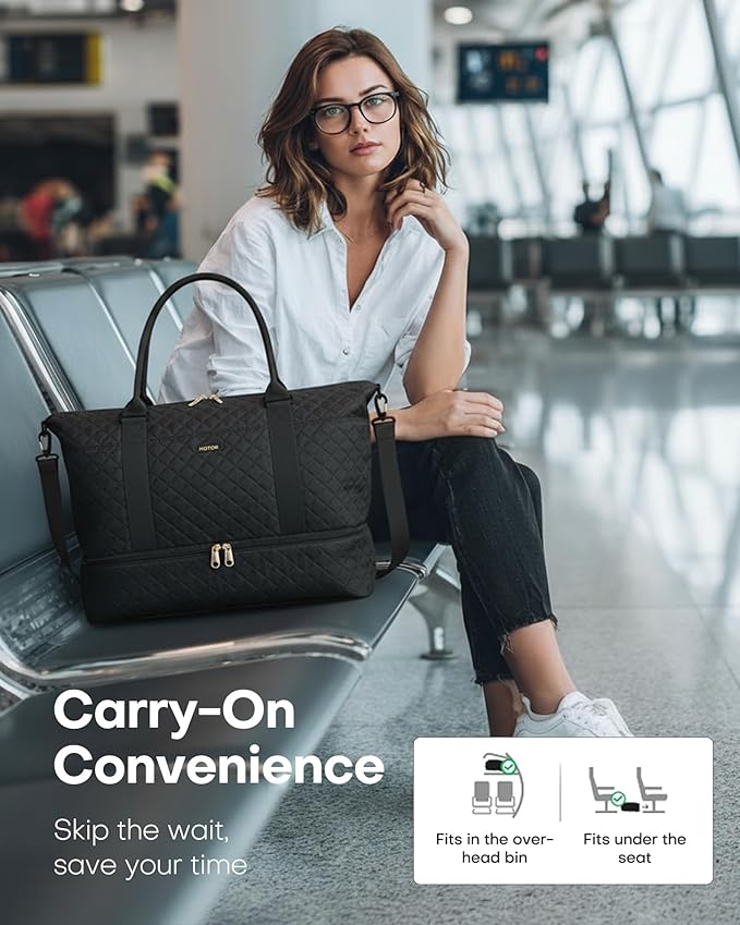 HOTOR Travel Duffel Bag - Weekender Bags for Women, Carry On Overnight Bag with Shoe Compartment, with Toiletry Bag for Travel Essentials and Travel Accessories, Black, 13.4"×17.3"×7.9"