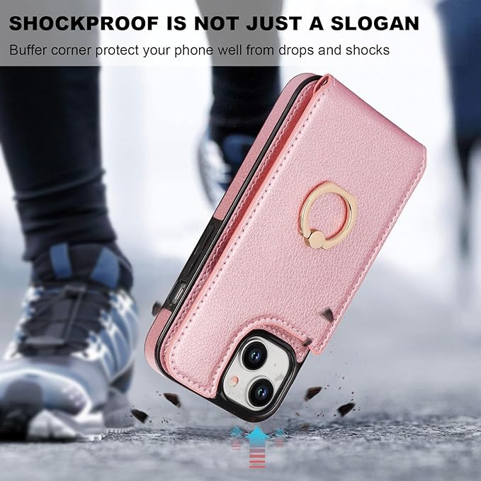 Folosu Compatible with iPhone 15 Case Wallet with Card Holder, 360°Rotation Finger Ring Holder Kickstand, RFID Blocking Leather Protective Double Buttons Shockproof Cover 6.1 Inch Rose Gold