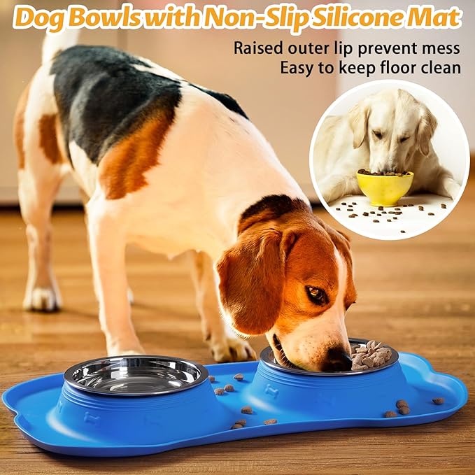 Hubulk Pet Dog Bowls 2 Stainless Steel Dog Bowl with No Spill Non-Skid Silicone Mat + Pet Food Scoop Water and Food Feeder Bowls for Feeding Small Medium Large Dogs Cats Puppies (Small, Blue)