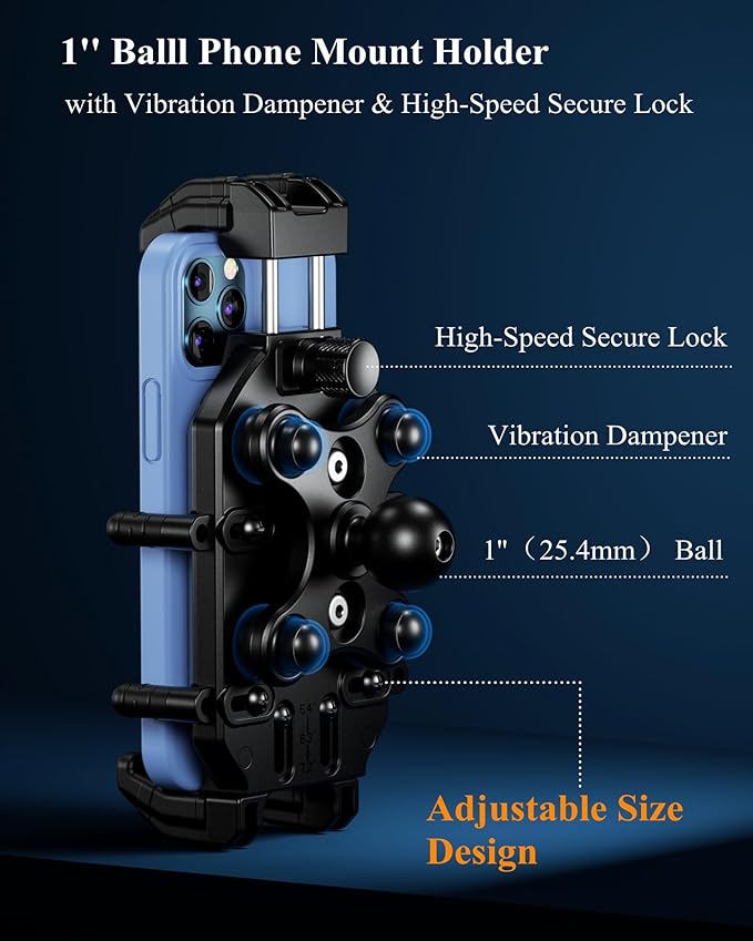 BRCOVAN 1'' Ball Phone Mount Holder with Vibration Dampener & Secure Lock, Fit for RAM Mounts B Size Double Socket Arm, for Motorcycle ATV UTV Car Bike Boat Truck Scooter, Fit 5.4-7.2'' Cellphones