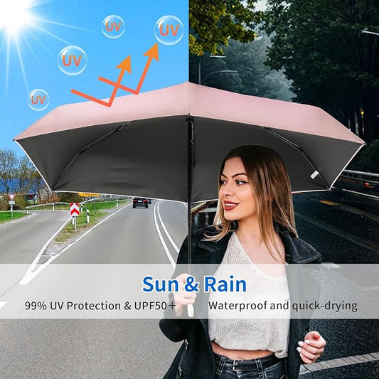 Compact Mini Windproof Travel Umbrella-UPF 50+ Sun & Rain Protection, Small Folding Design Fits in Pocket or Purse, Lightweight Portable with Case for Women, Men & Kids